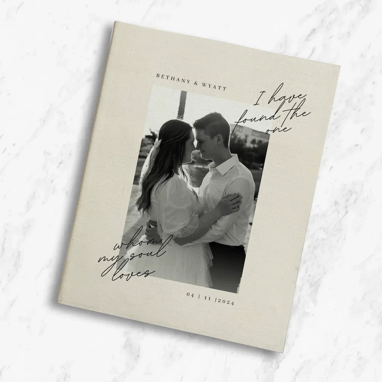 Cream Lorenz Wedding Bible personalized with a couple's photo, names, and date